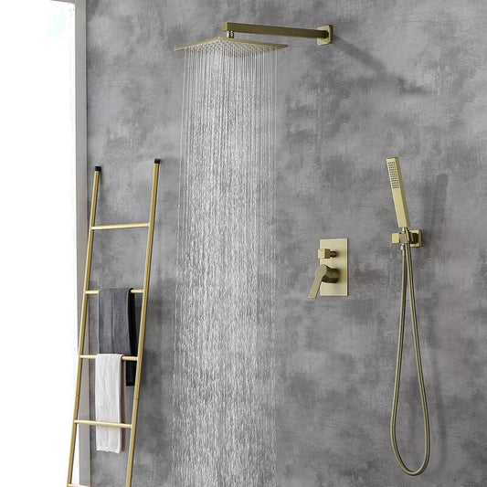 1-Spray Patterns 2.66 GPM 10 in. Wall Mounted Dual Shower Heads with Rough-In Valve Body and Trim in Brushed Gold