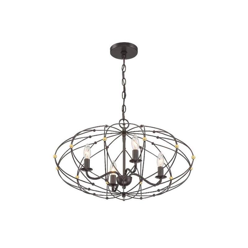 Zucca 4-Light English Bronze + Antique Gold Cage Chandelier