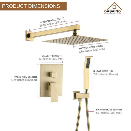 1-Spray Patterns with 1.5 GPM 10 in. 2 Function Wall Mount Round Dual Shower Heads in Brushed Gold