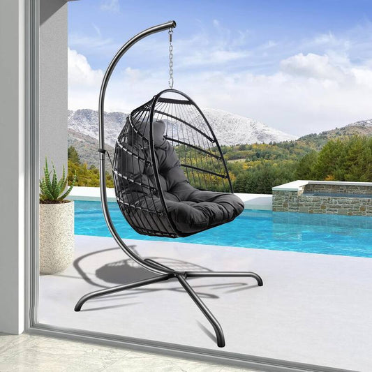 1-Person Metal Patio Swing Egg Chair with Black Cushion