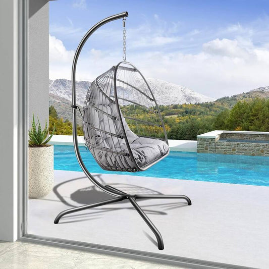 1-Person Metal Patio Swing Egg Chair with Grey Cushion