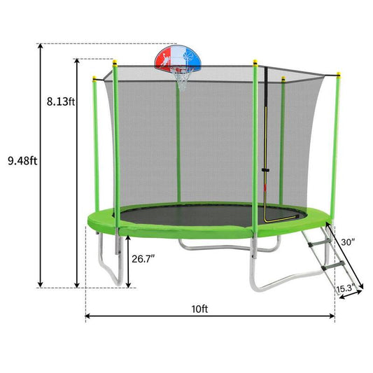 10 ft. Outdoor Round Steel Trampoline in Green for Kids with Safety Enclosure Net Basketball Hoop and Ladder